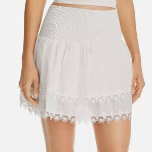 $98 Peixoto White Belle Smocked Mini Skirt Lace trim Tiered Swim Cover Up XL